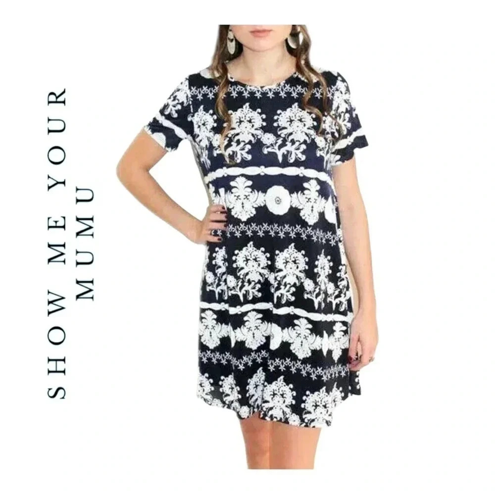 1408. SHOW ME YOUR MUMU EM MINI DRESS LARGE NAVY BLUE/WHITE COLOR LIGHTWEIGHT